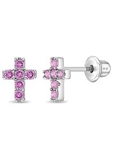 outstanding silver pink cz cross shape baby earrings